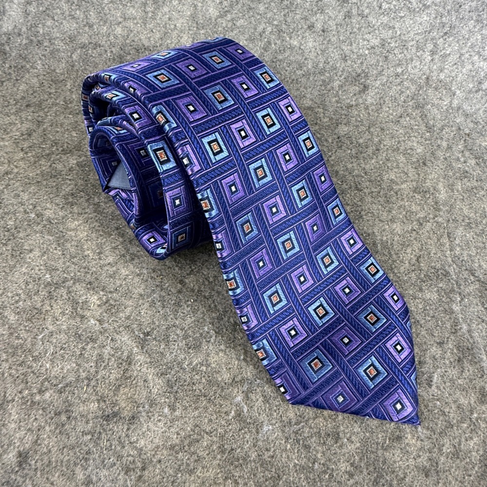 Forsyth of Canada Mens Silk Tie Purple Blue Geometric Square Pattern Hand Sewn